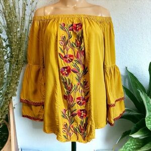 Solitaire Golden Embroidered Floral Boho Off Shoulder Blouse FLAW